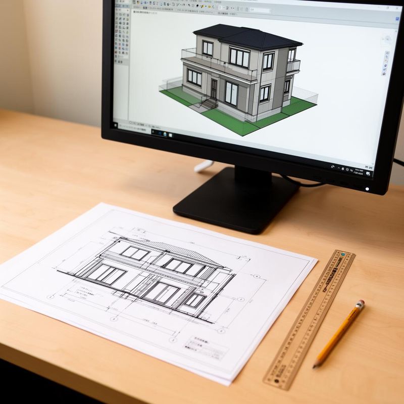 Architect's desk showing a hand-drawn 2D elevation drawing next to a 3D rendered house elevation on a monitor.