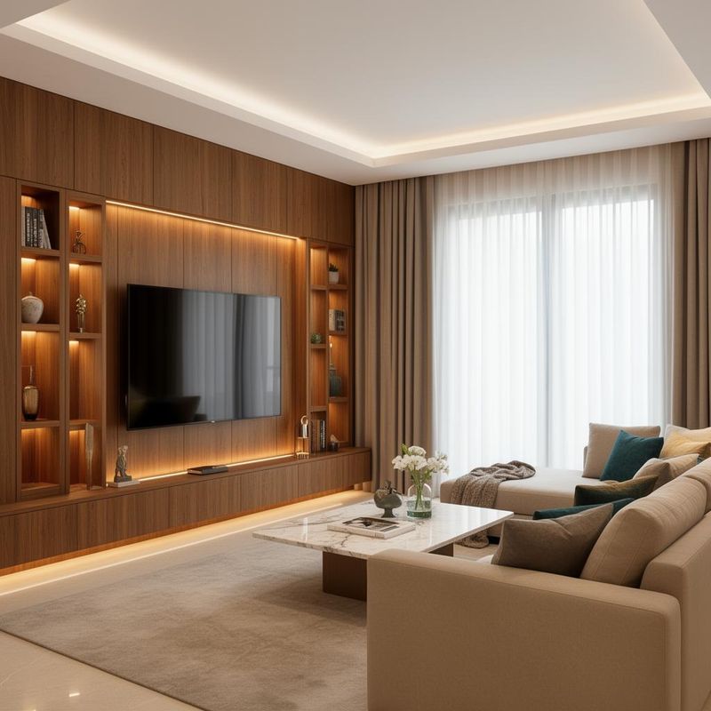 Elegant modern living room interior with warm wood accents and designer lighting.
