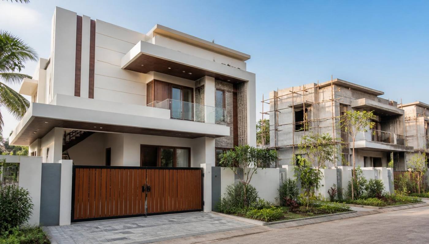 Completed RNMS residential villa with a neighbouring home under finishing works
