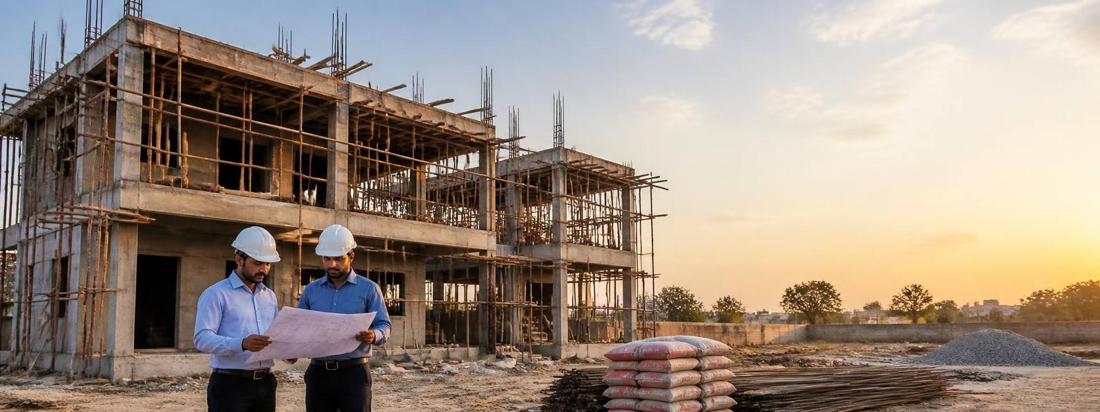 Engineers reviewing drawings at an RNMS residential construction site at sunset