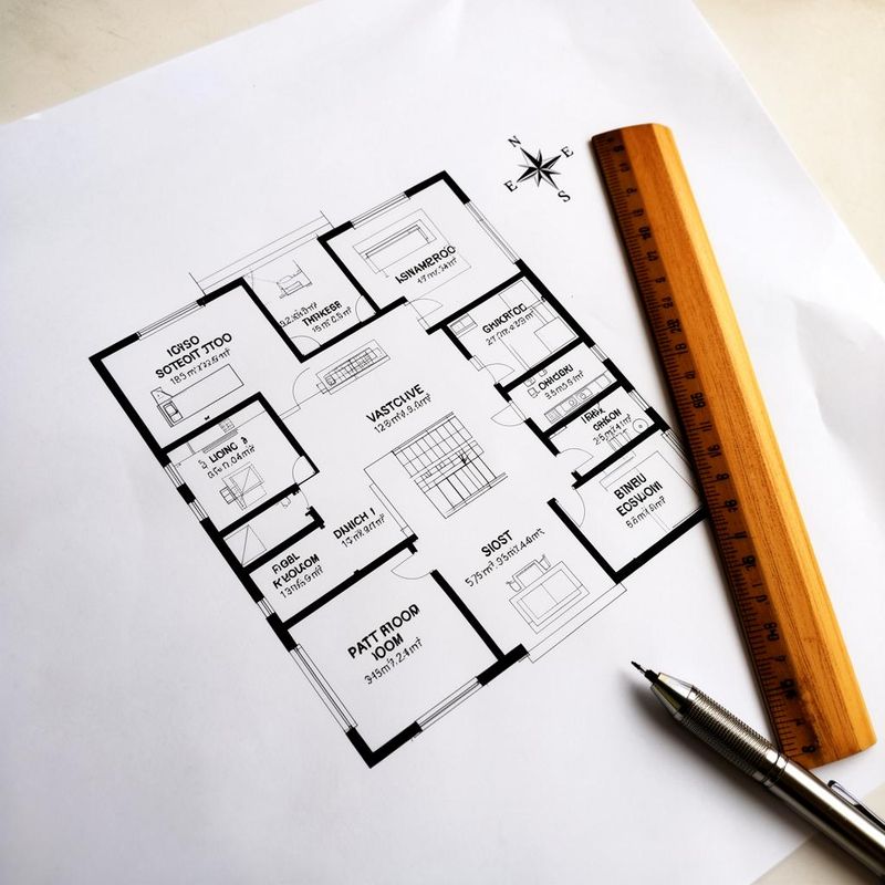Architectural floor plan on warm beige paper with a compass rose marking the cardinal directions for Vastu planning.